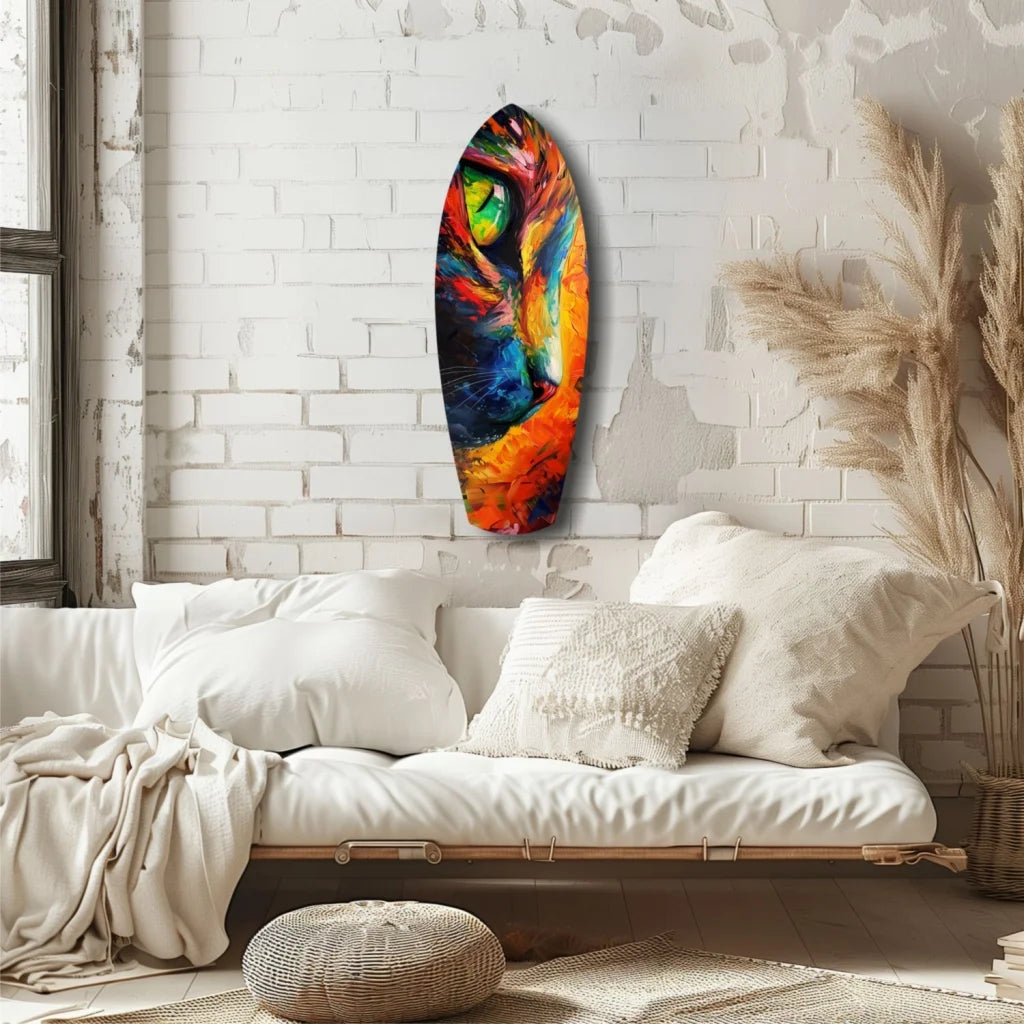 Vibrant cat tempered glass art with colorful abstract surfboard design