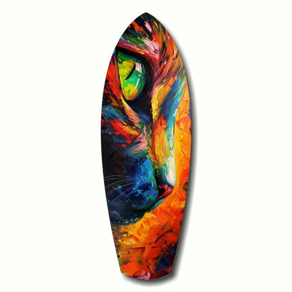 Vibrant cat surfboard tempered glass art with size comparison