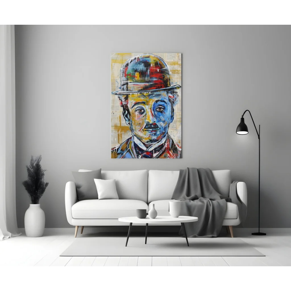 Vibrant Charlie Chaplin glass wall art canvas print of abstract man in bowler hat