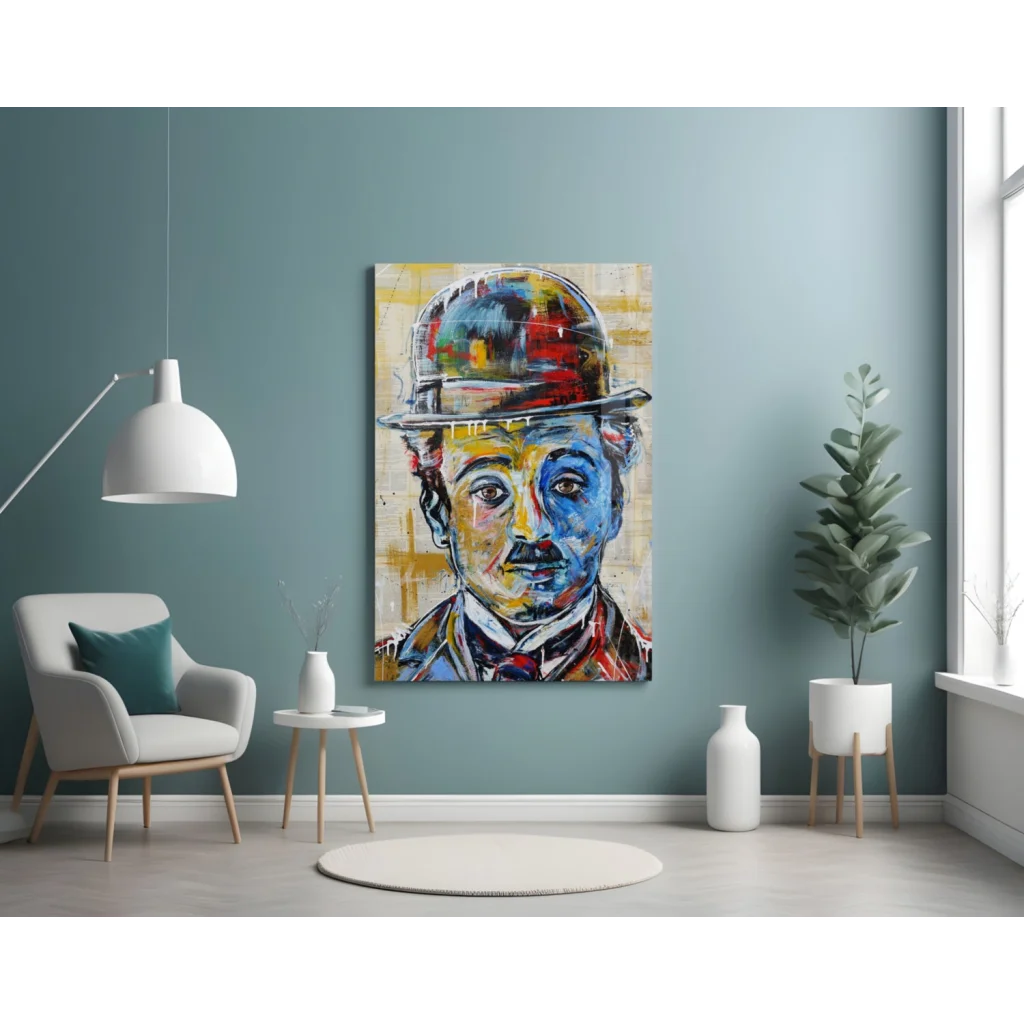 Blue and white abstract Charlie Chaplin glass wall art canvas print