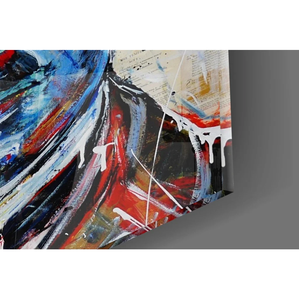 Vibrant Charlie Chaplin glass wall art canvas with red, blue, black swirls