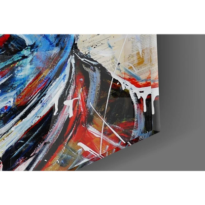 Vibrant Charlie Chaplin glass wall art canvas with red, blue, black swirls