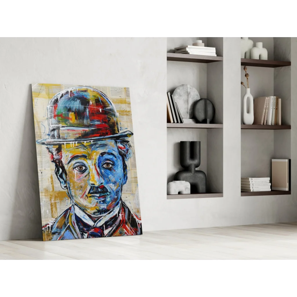 Vibrant Charlie Chaplin glass wall art canvas print