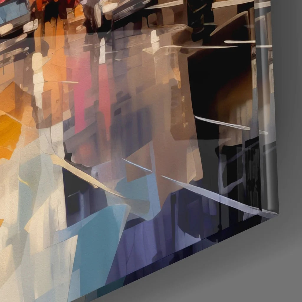Abstract tempered glass art of vibrant cityscape with bold colors