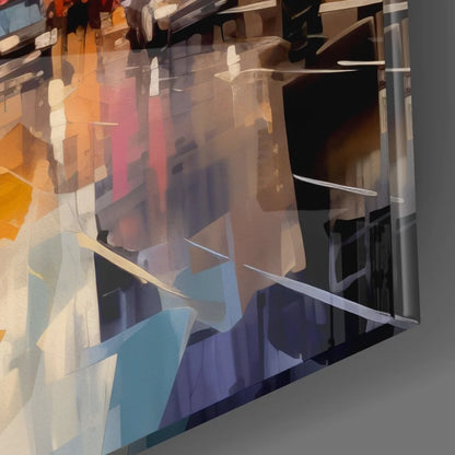 Abstract tempered glass art of vibrant cityscape with bold colors