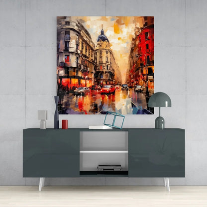 Vibrant abstract cityscape on tempered glass art, rainy street in bold reds