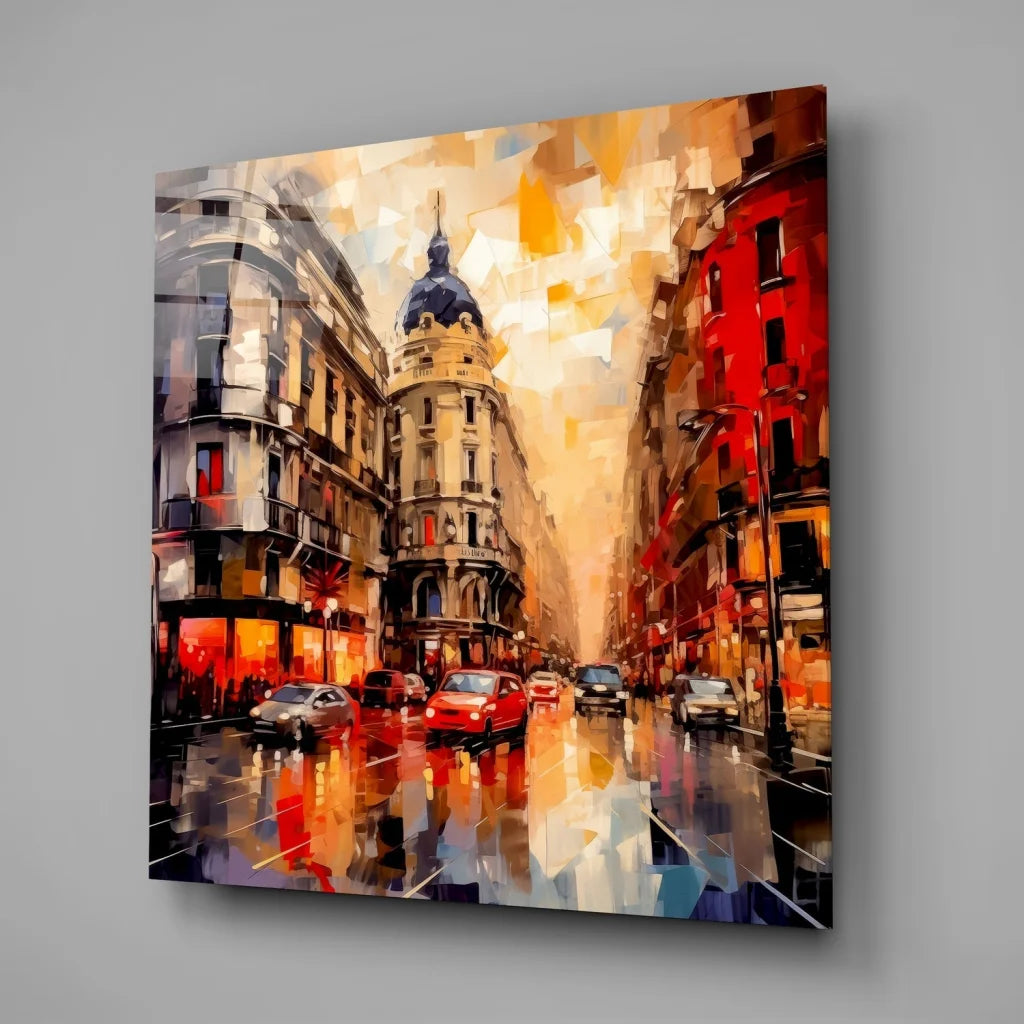 Vibrant abstract cityscape tempered glass art with blue dome and bold colors