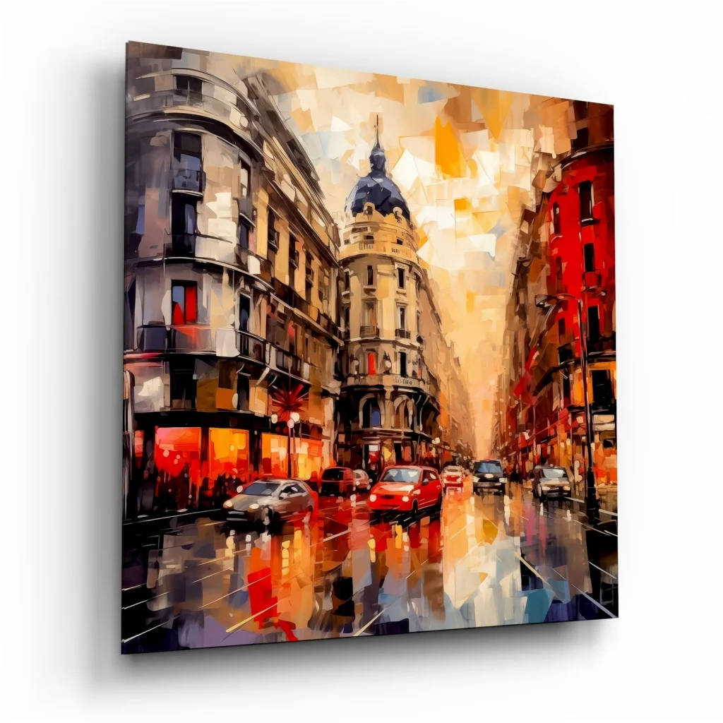 Vibrant abstract cityscape on tempered glass art with domed building
