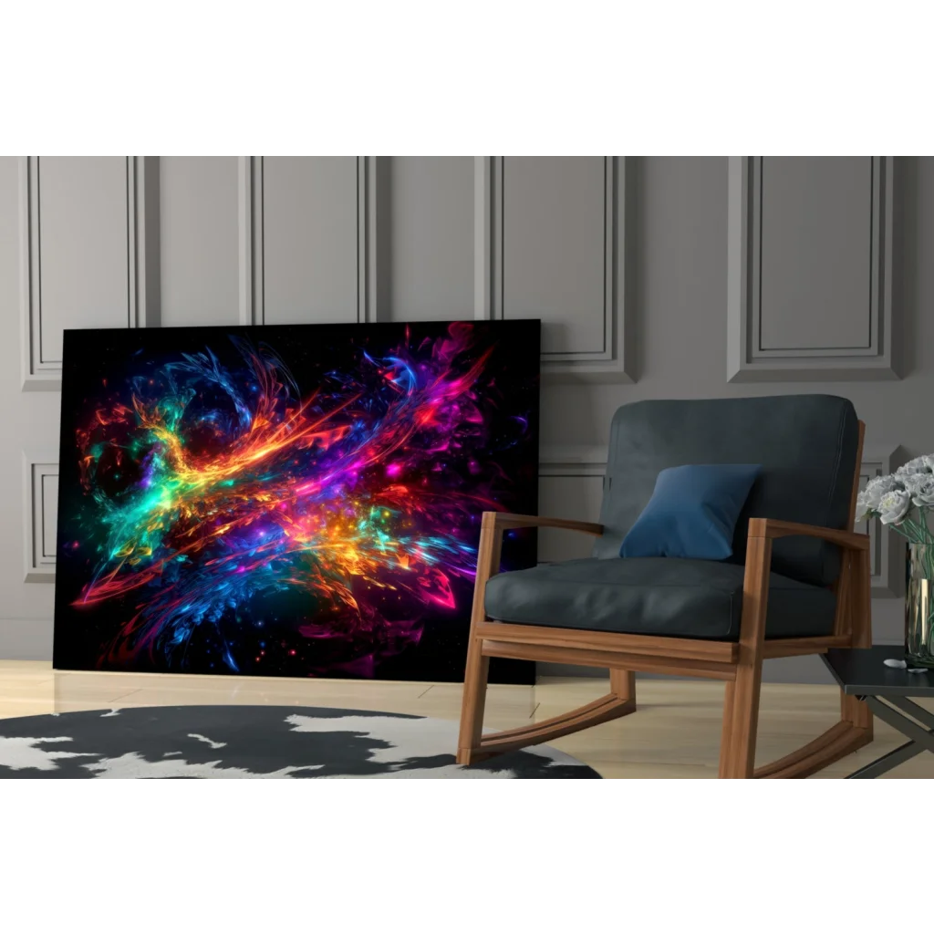 32-inch Samsung QLED TV with cosmic nebula wall art on screen