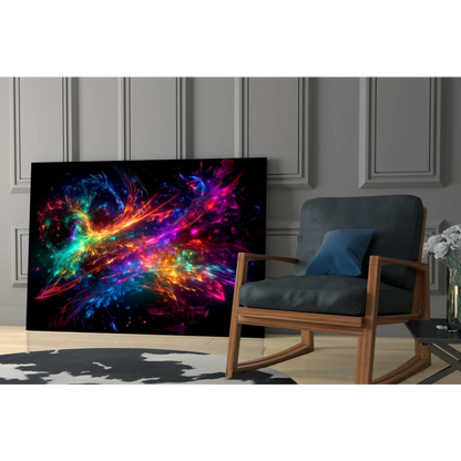 32-inch Samsung QLED TV with cosmic nebula wall art on screen