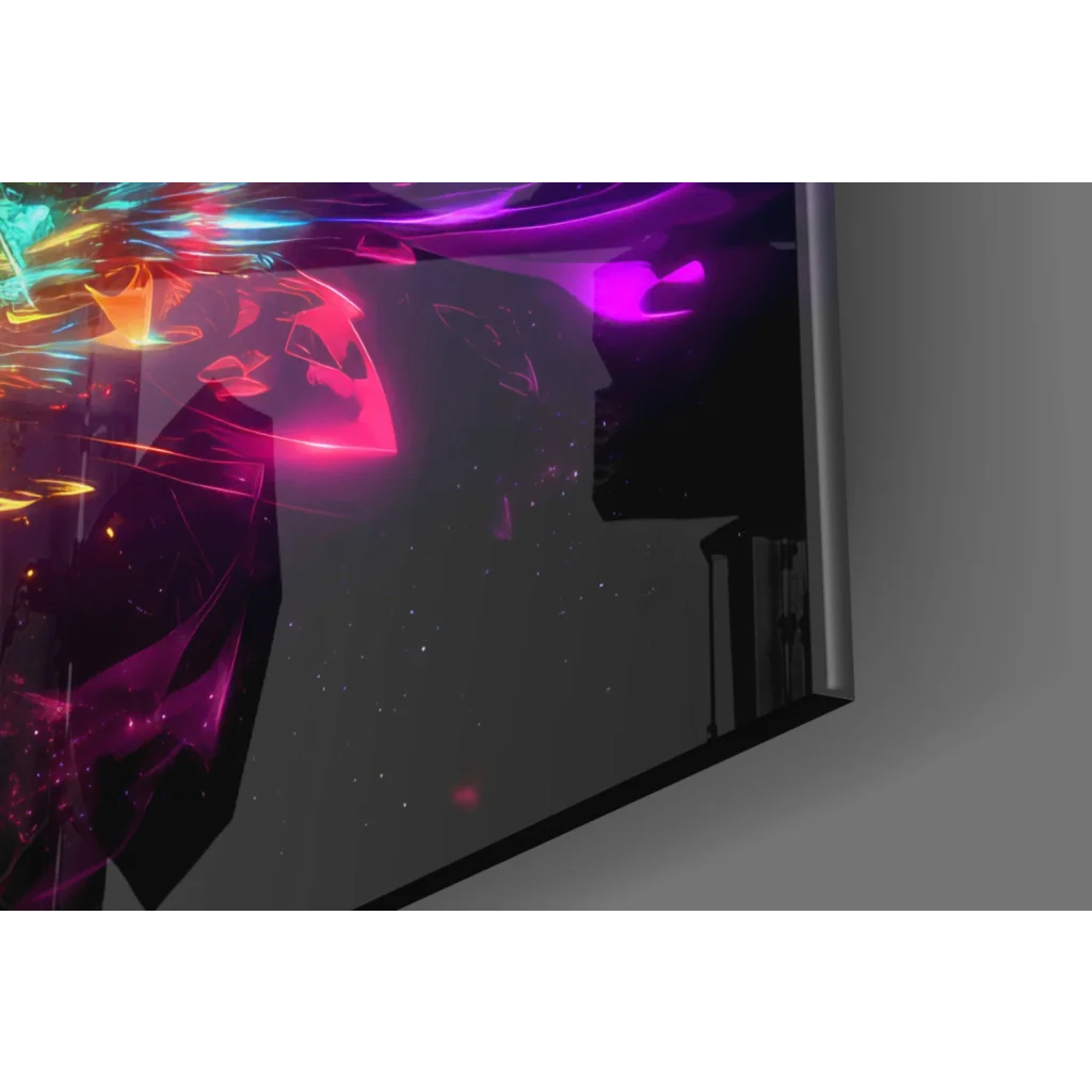 Vibrant cosmic nebula glass wall art with 4K TV in purple orange hues