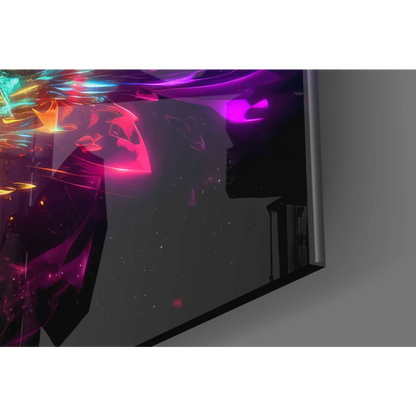 Vibrant cosmic nebula glass wall art with 4K TV in purple orange hues