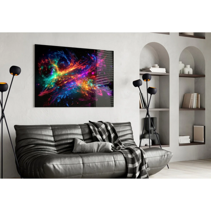 Black leather sofa with plaid throw and cosmic nebula wall art lampshades