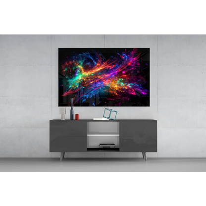 Samsung QLED TV with vibrant cosmic nebula wall art on screen