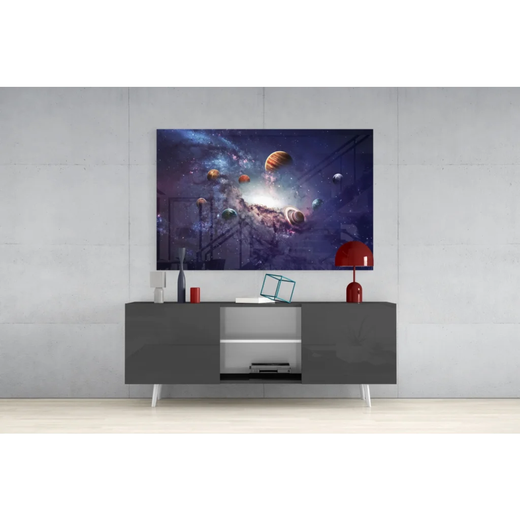 Modern gray TV stand with white legs and open storage under vibrant cosmic planets wall art