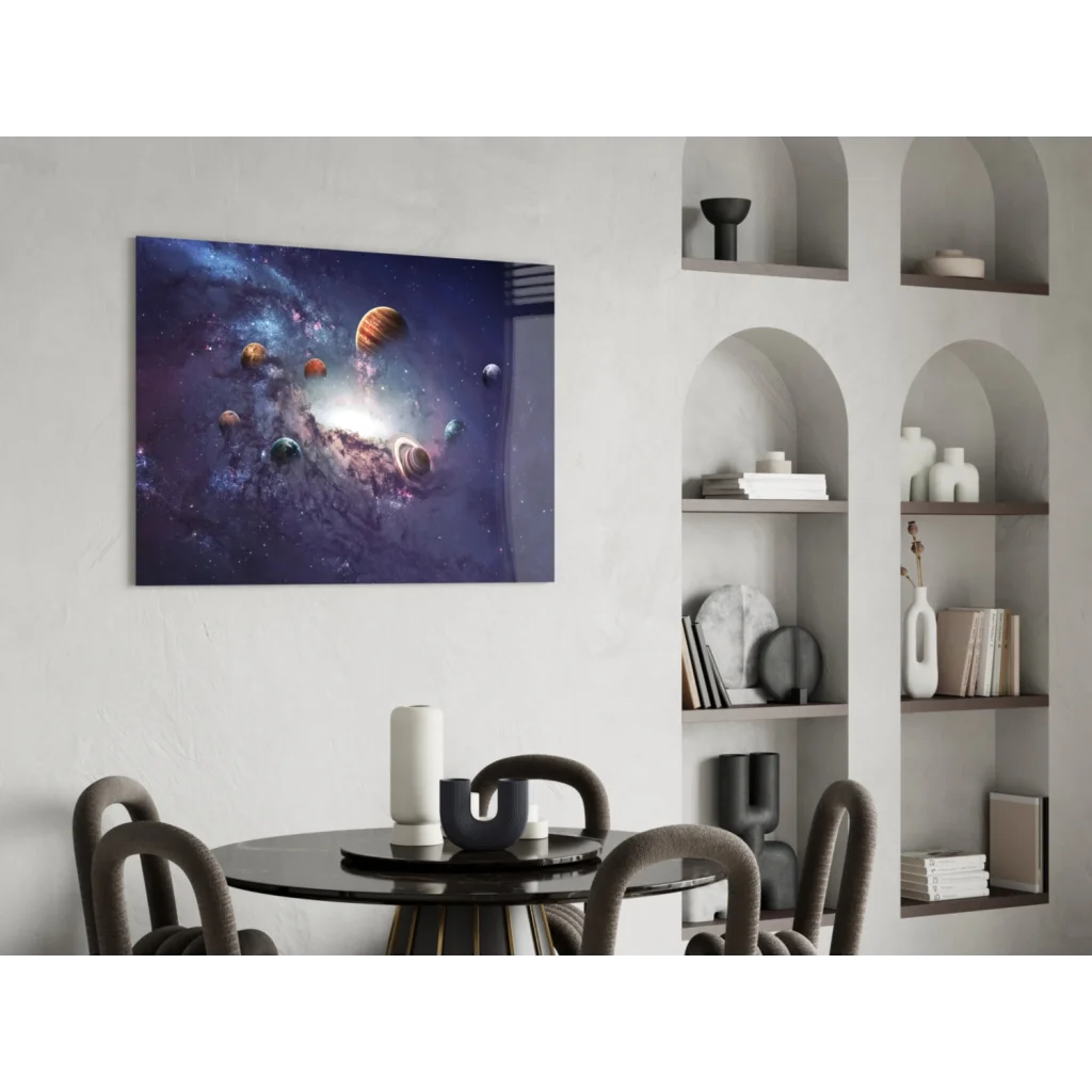 Vibrant cosmic planets canvas wall art in purples and blues