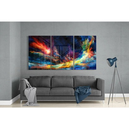 Vibrant Cosmic Triptych wall art canvas with swirling colors and dynamic design