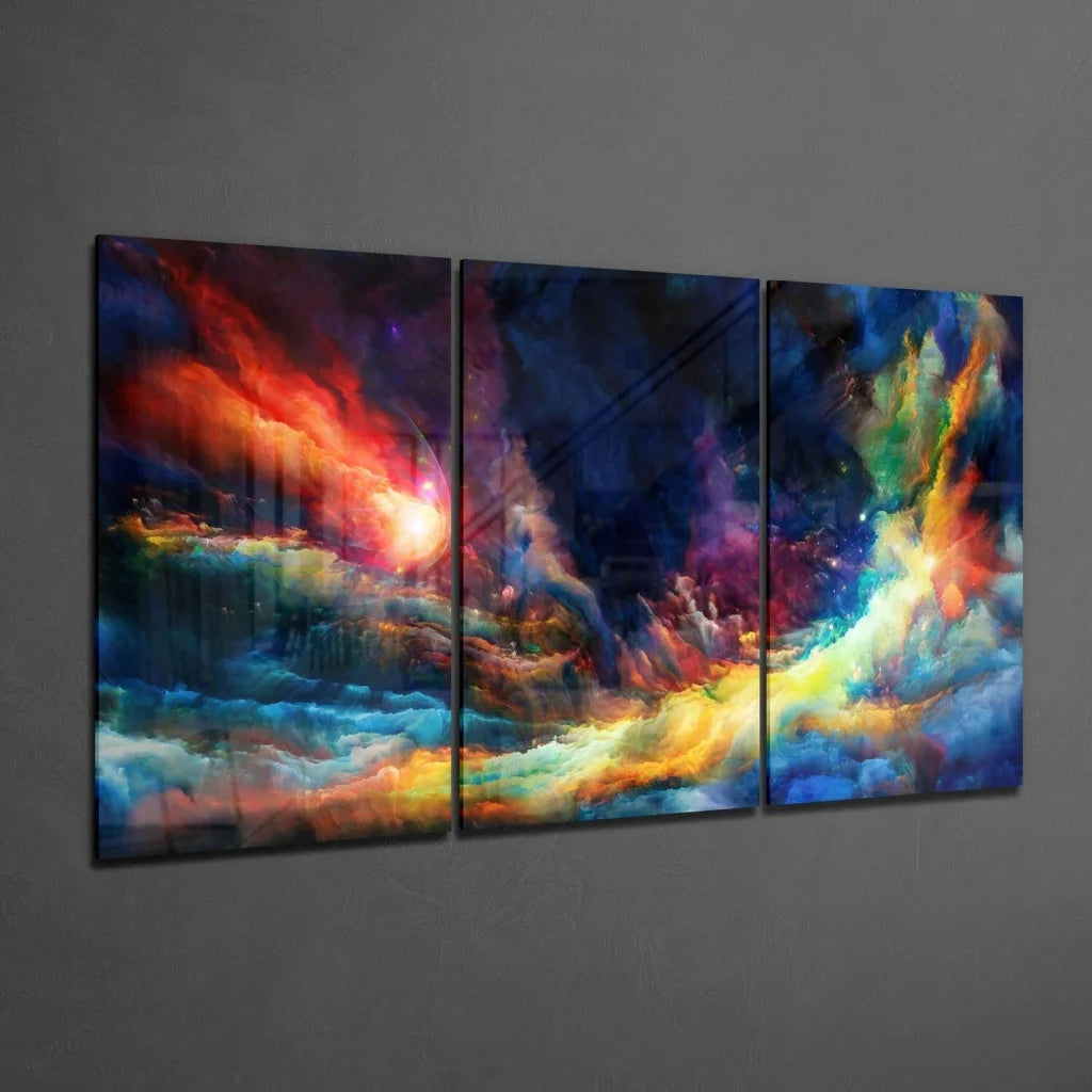 Vibrant cosmic triptych canvas wall art with swirling colors