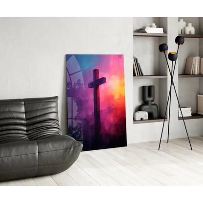 Vibrant cross wall art silhouette on pink purple orange gradient canvas