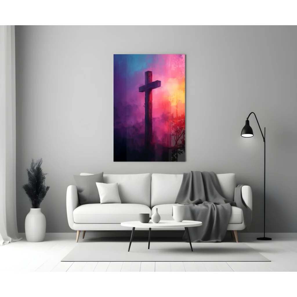 Vibrant abstract cross wall art canvas with purple pink orange glow