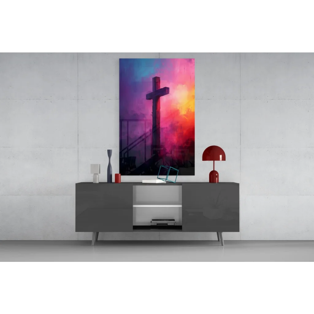 Vibrant cross silhouette on purple to orange pink gradient canvas wall art