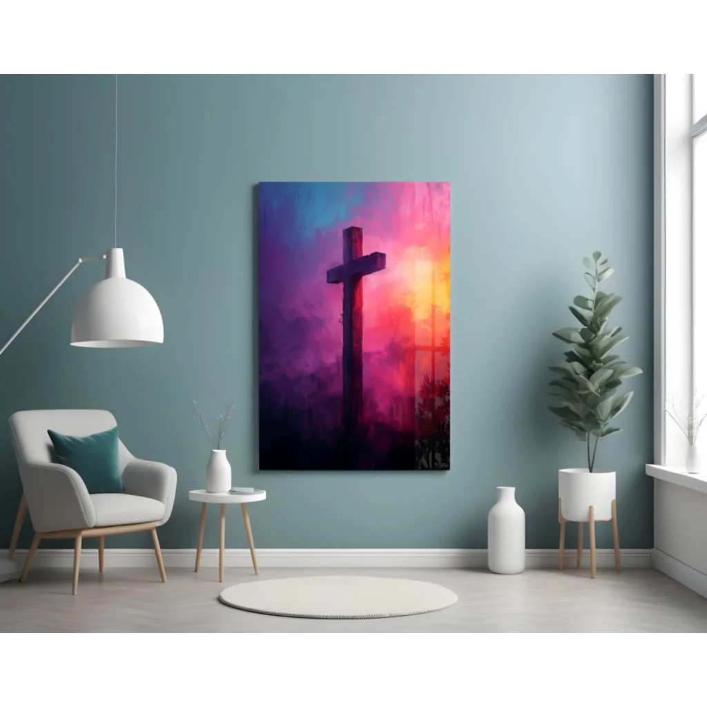 Vibrant cross wall art canvas with purple pink orange glow silhouette