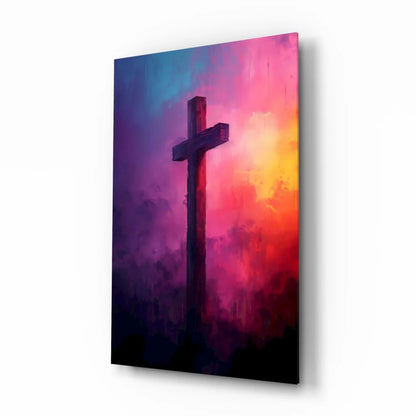 Vibrant cross wall art with pink orange purple glow on canvas