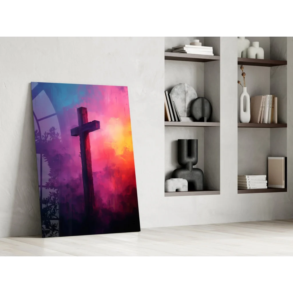 Vibrant cross silhouette canvas wall art with purple pink orange sunset glow