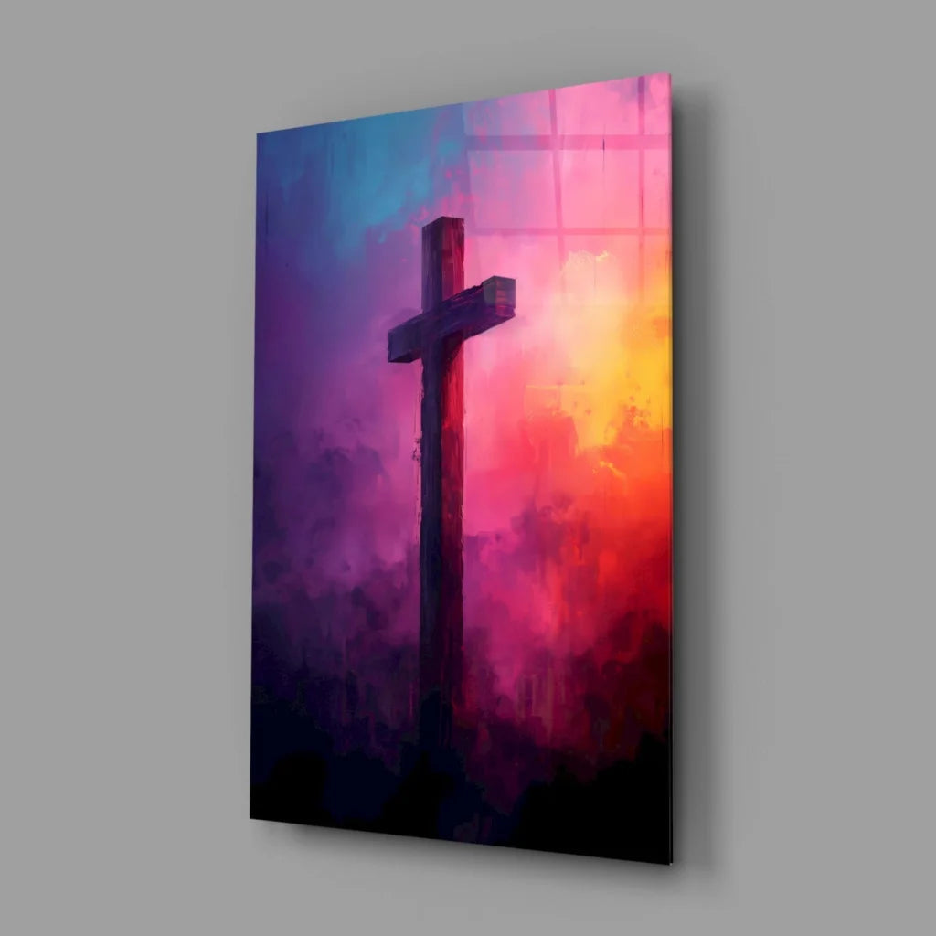 Vibrant cross canvas wall art with purple pink orange glow