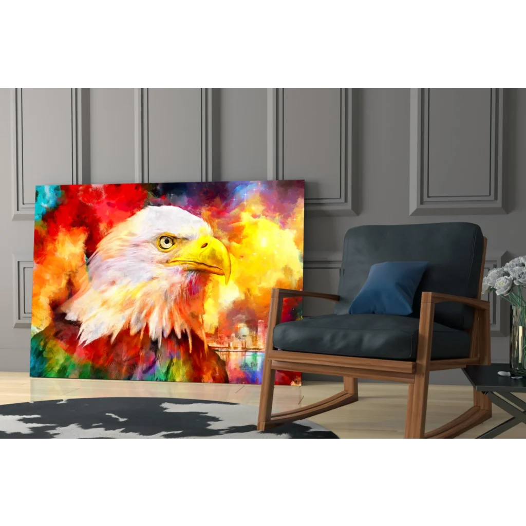 Vibrant eagle glass wall art print on wood frame