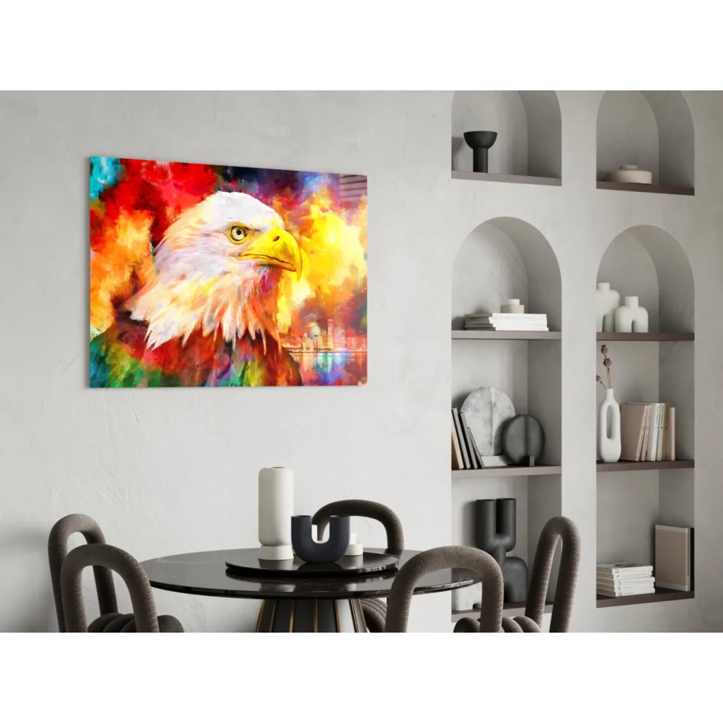 Vibrant eagle glass wall art with bold colorful abstract design