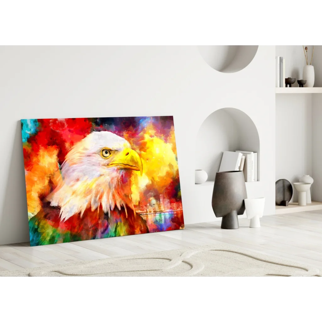 Vibrant eagle glass wall art with colorful abstract background