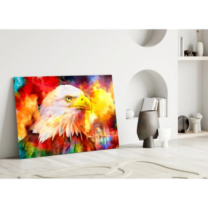 Vibrant eagle glass wall art with colorful abstract background