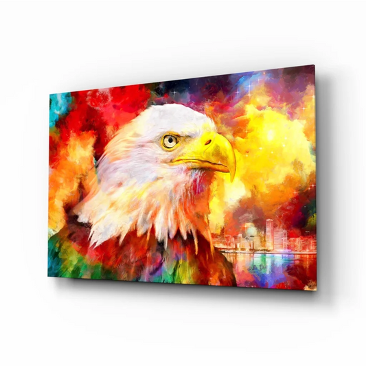 Vibrant eagle glass wall art with colorful abstract design