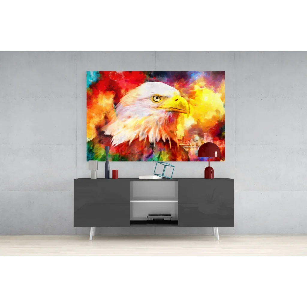 Vibrant eagle head glass wall art in bold colors