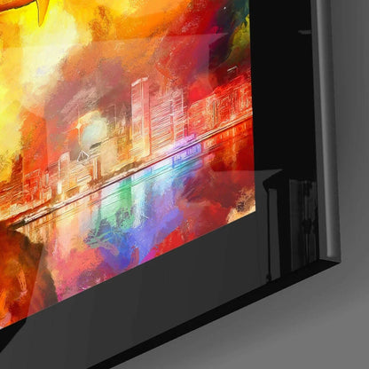 4K smart TV glass wall art with vibrant cityscape in black frame
