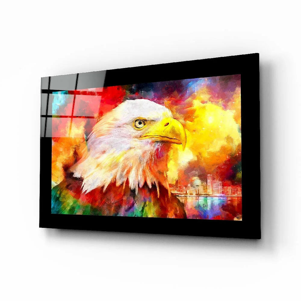 Vibrant eagle head glass wall art in black frame with stunning colors