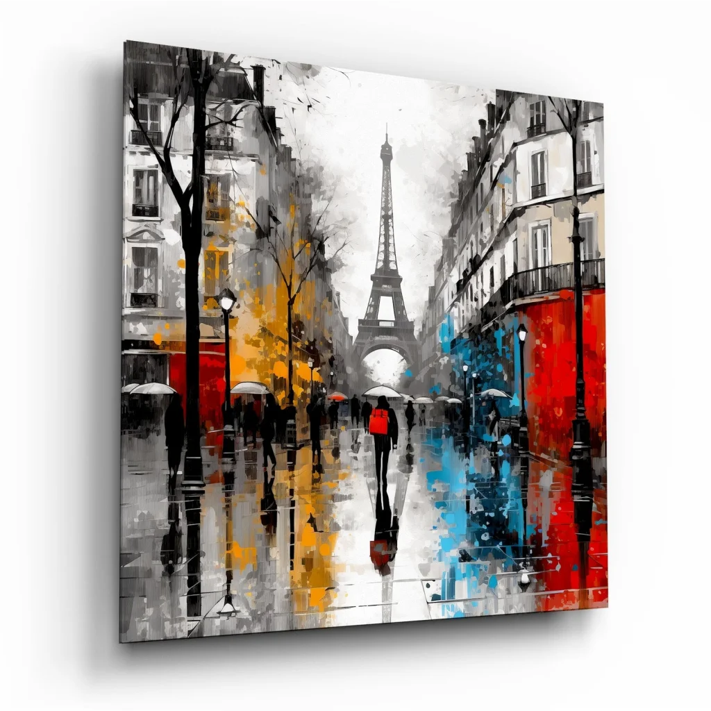 Vibrant Eiffel Tower tempered glass art in red blue watercolor hues