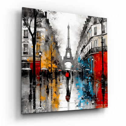 Vibrant Eiffel Tower tempered glass art in red blue watercolor hues