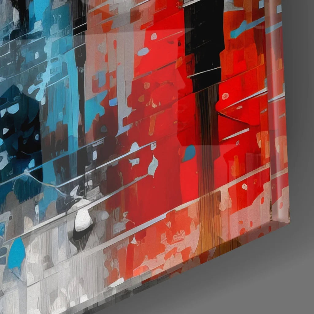 Vibrant Eiffel Tower tempered glass art with red blue abstract glossy print