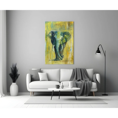 Vibrant elephant abstract wall art in green, blue, yellow