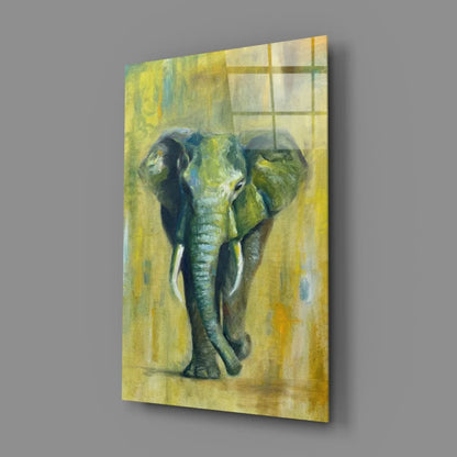 Modern abstract green gray elephant glass wall art on yellow textured background