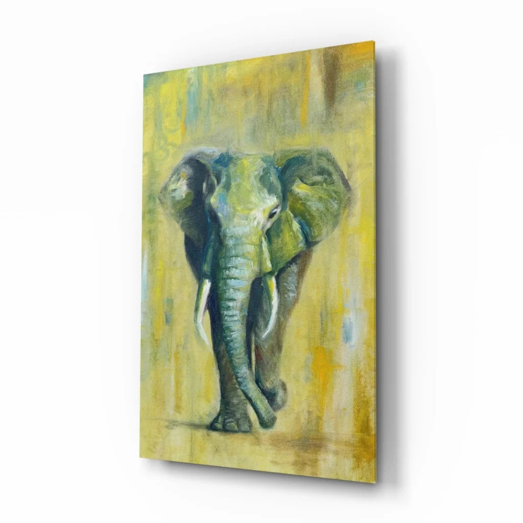 Vibrant green gray elephant abstract glass wall art on yellow background