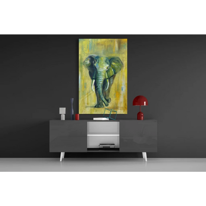 Vibrant green blue elephant abstract wall art on yellow background