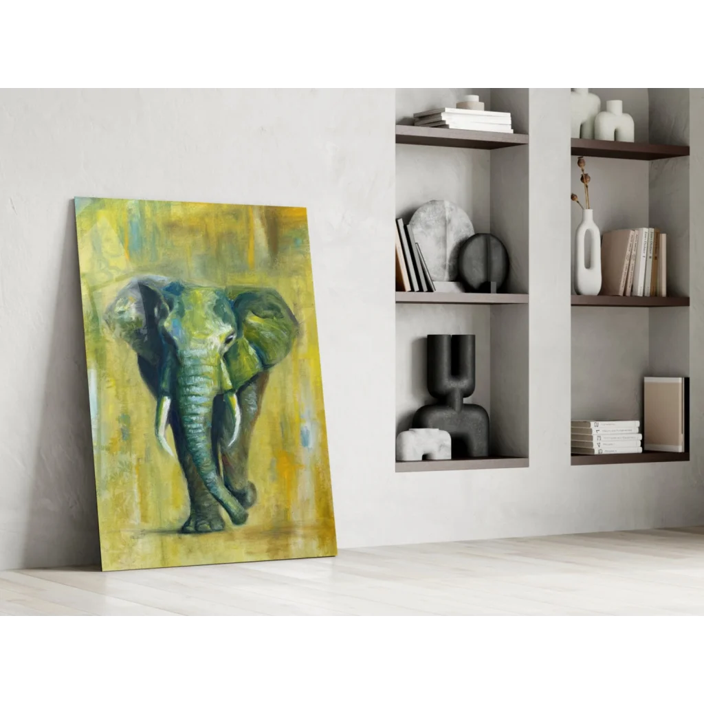 Vibrant green blue elephant glass wall art with white tusks on yellow background