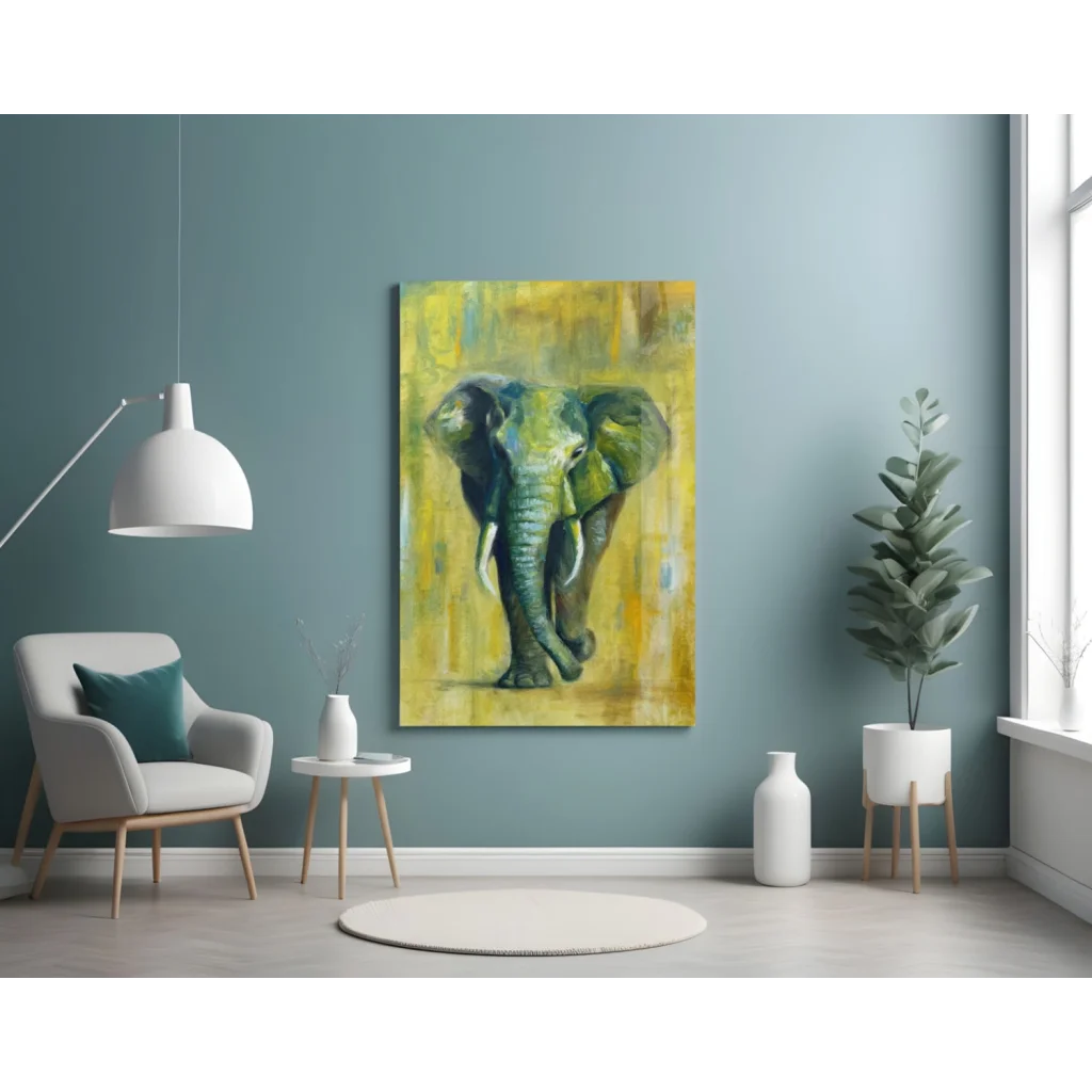 Vibrant green yellow abstract elephant glass wall art on teal wall