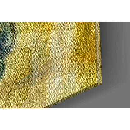 Vibrant yellow elephant abstract wall art with green hints on textured canvas