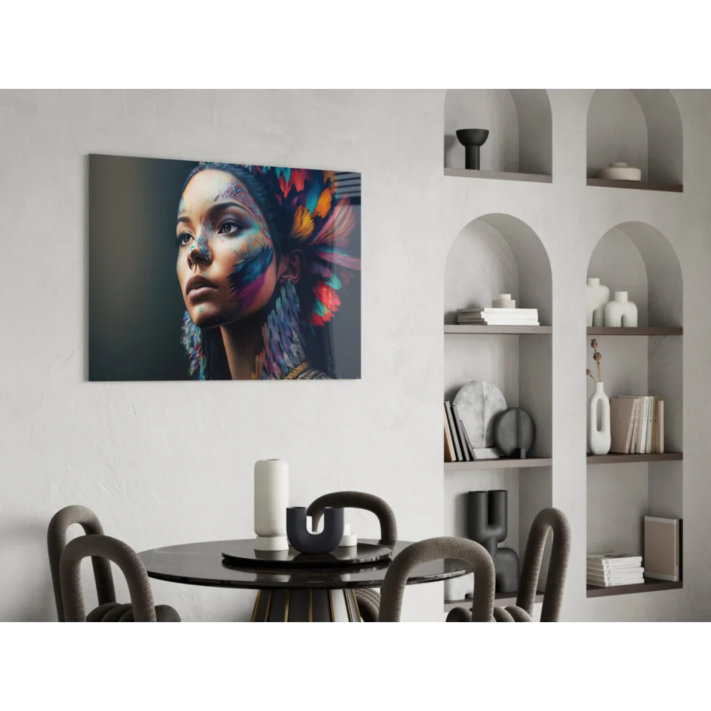 Vibrant Feather Goddess colorful abstract portrait wall art with woman in multicolored hair