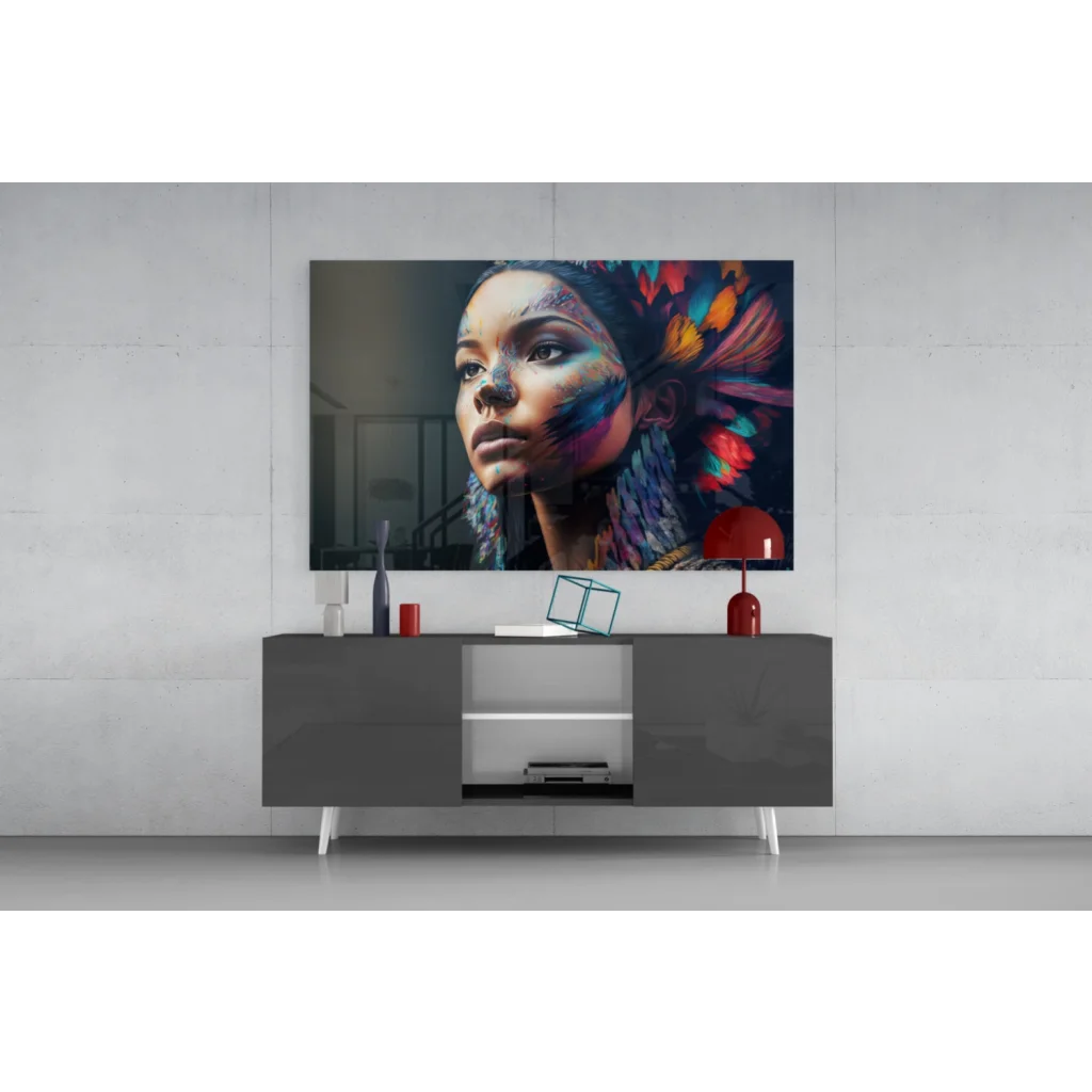 Samsung QLED TV in vibrant feather goddess glass wall art