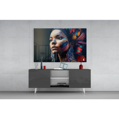 Samsung QLED TV in vibrant feather goddess glass wall art